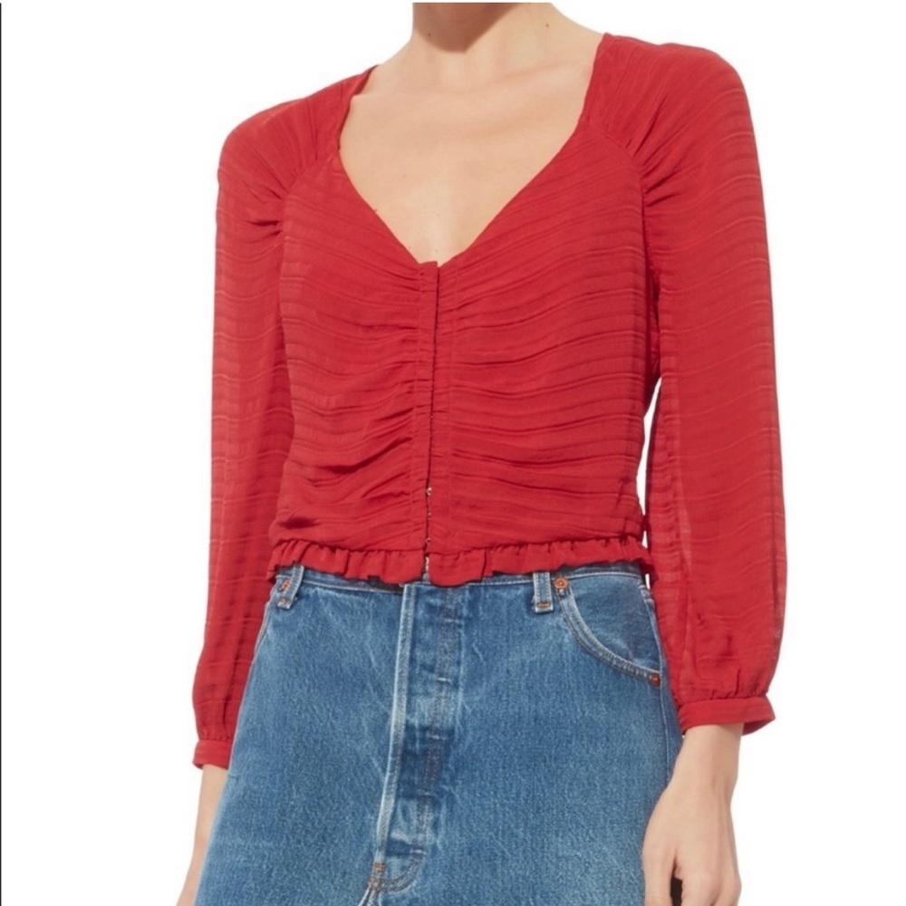 Intermix Lillian Red Shirred Silk Blouse